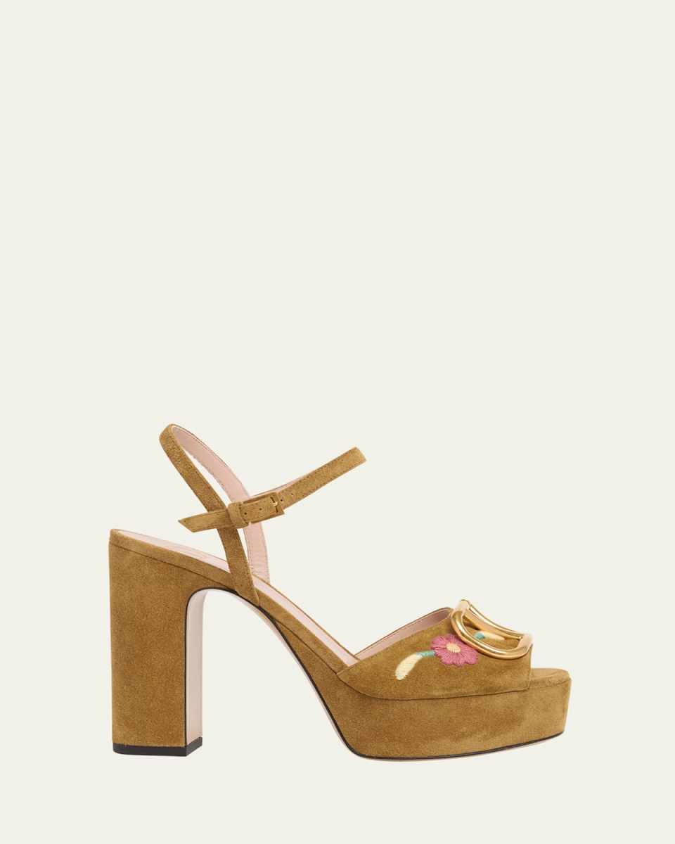 Floral Embroidered VLogo Suede Platform Sandals